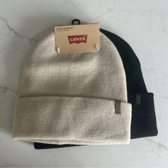 Levi’s 2 Pack Beanie Set, Cream & Black - Picture 1 of 5